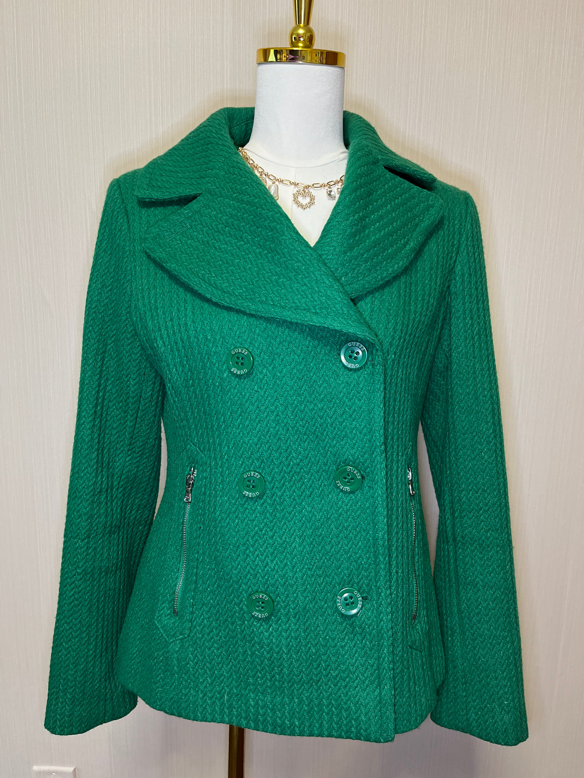 Guess Kelly Green Double-Breasted Wool Peacoat