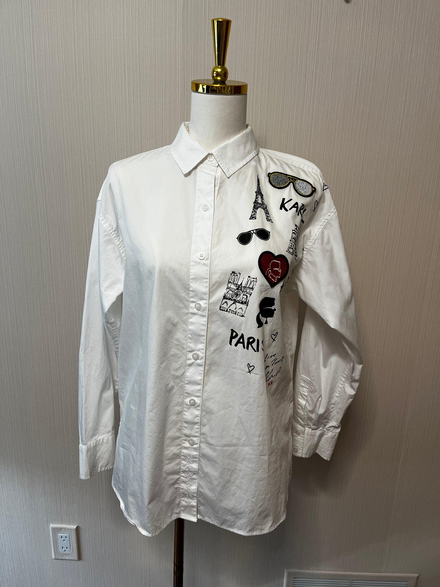 Karl Lagerfeld Patched Doodle Shirt-Small Petite