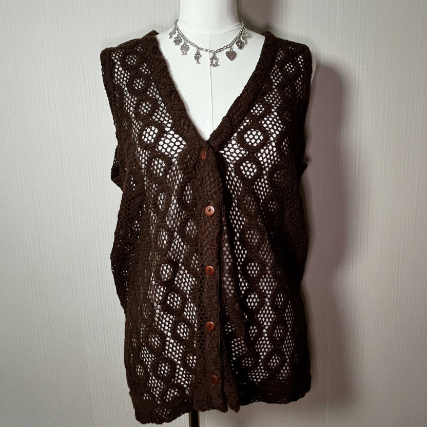 CROQUET CLUB Vintage Button-Front Open-Stitch Crochet Vest
