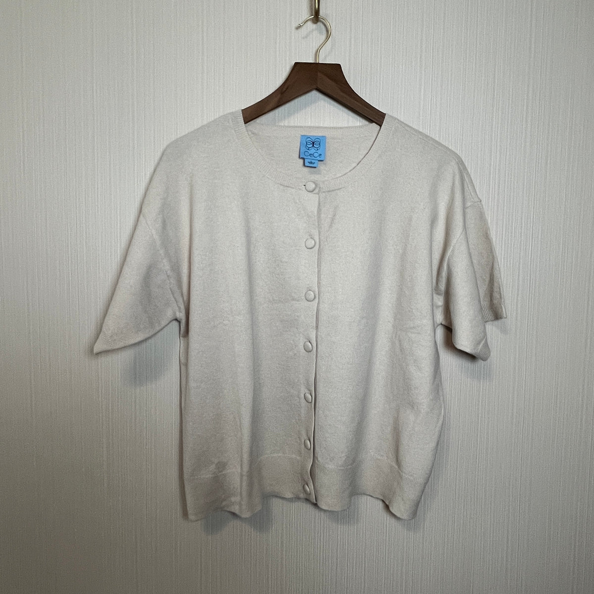 CECE Short-Sleeve Crew Neck Button-Front Cardigan Sweater