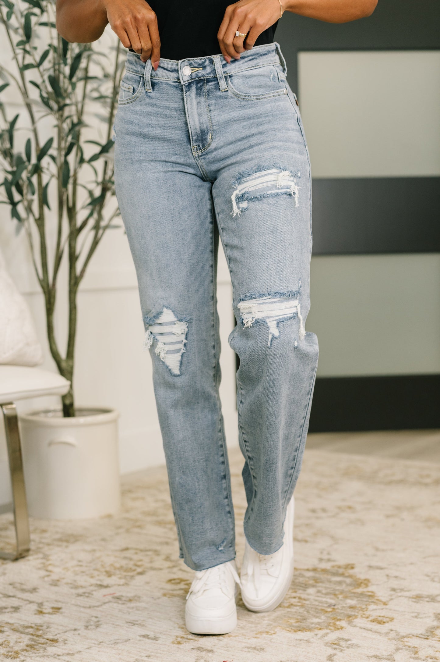 Jada Mid Rise 90’s Straight Jeans – Heavy Distressing, Raw Hem, 4-Way Stretch by Judy Blue