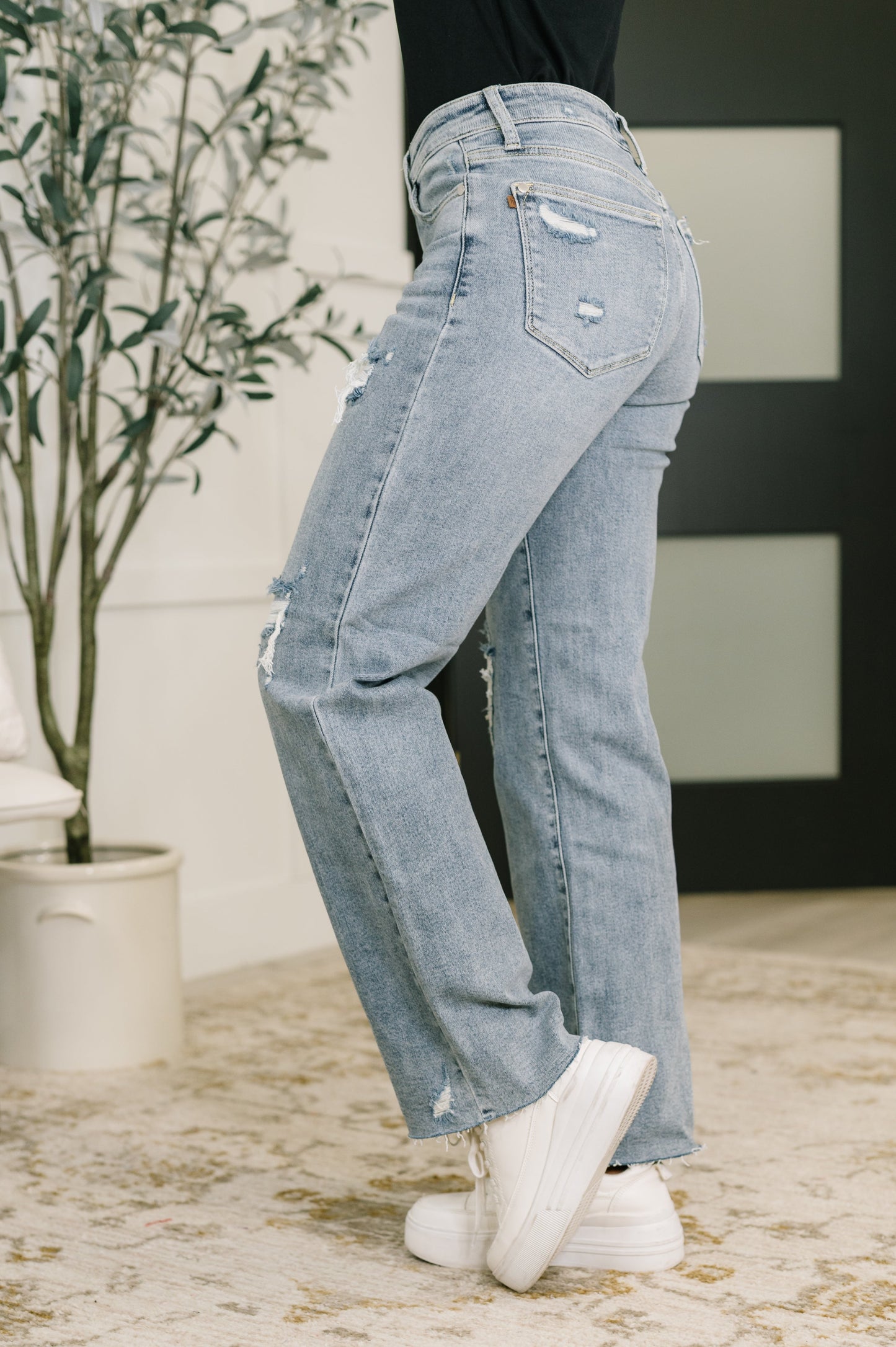 Jada Mid Rise 90’s Straight Jeans – Heavy Distressing, Raw Hem, 4-Way Stretch by Judy Blue