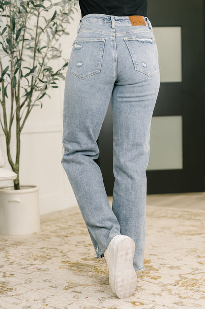 Jada Mid Rise 90’s Straight Jeans – Heavy Distressing, Raw Hem, 4-Way Stretch by Judy Blue