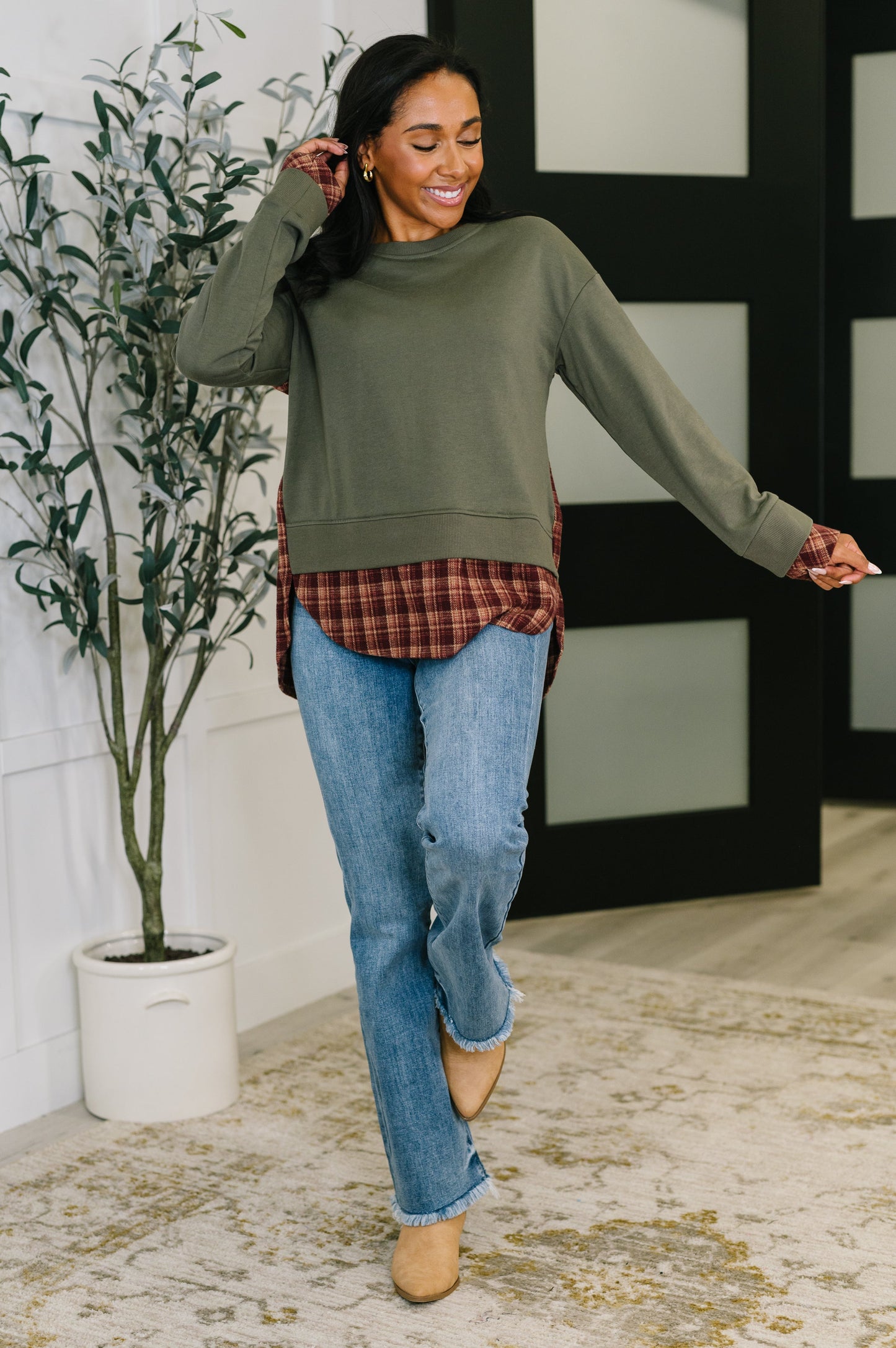 Layer Player Drop Shoulder Long Sleeve Top | Women’s French Terry & Flannel Contrast Pullover