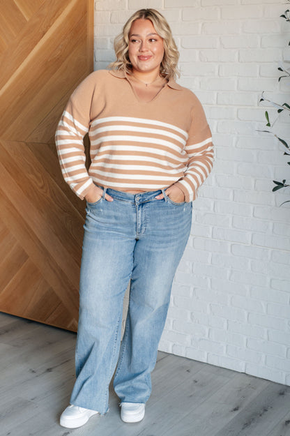 Memorable Moment Striped Sweater | Women’s Collared V-Neck Cropped Knit Pullover
