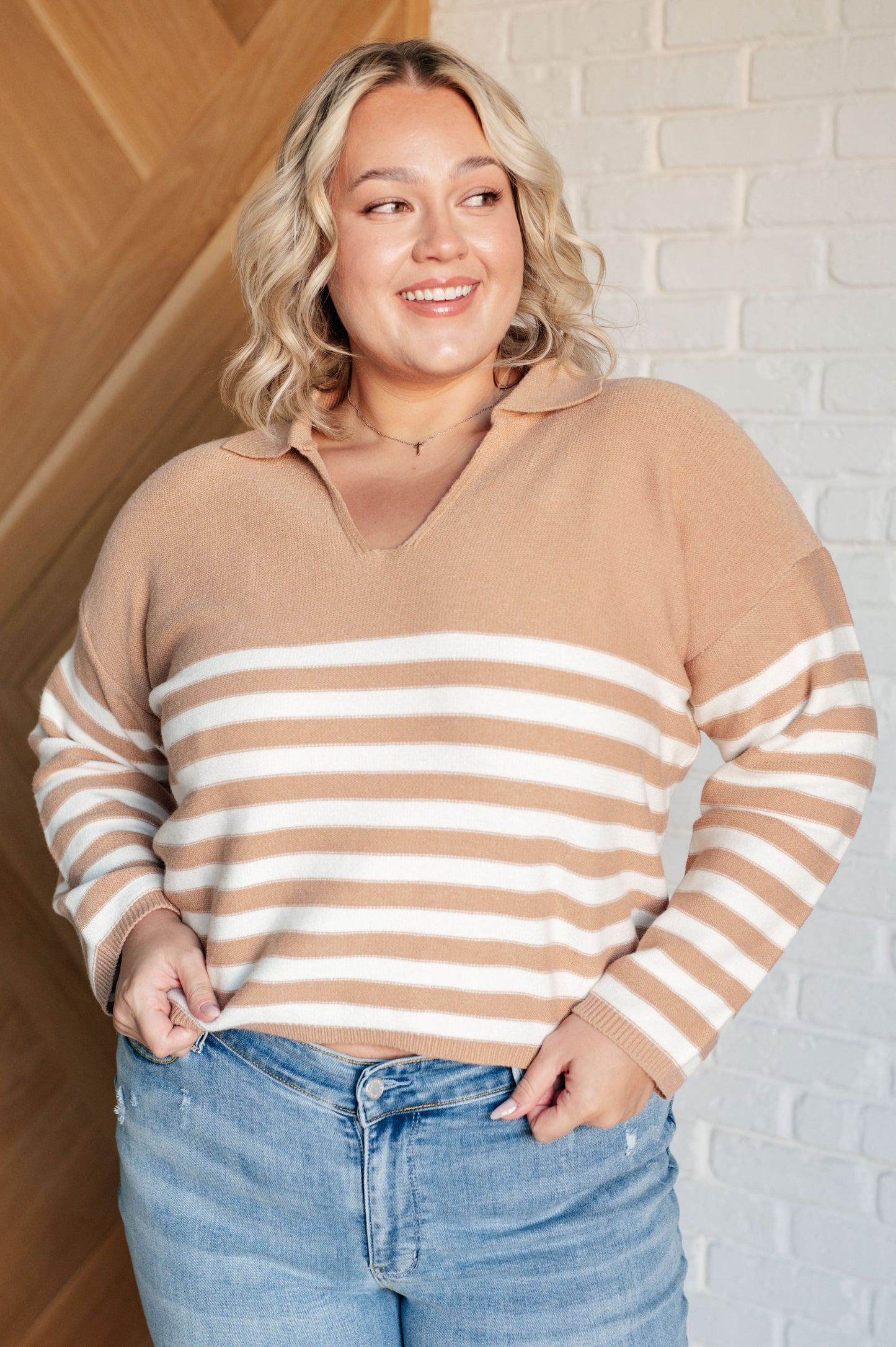 Memorable Moment Striped Sweater | Women’s Collared V-Neck Cropped Knit Pullover