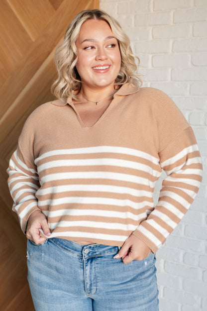 Memorable Moment Striped Sweater | Women’s Collared V-Neck Cropped Knit Pullover