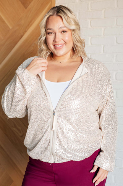 One in Twenty Sequin Jacket – Balloon Sleeve Glam Zip-Up Fashion Jacket