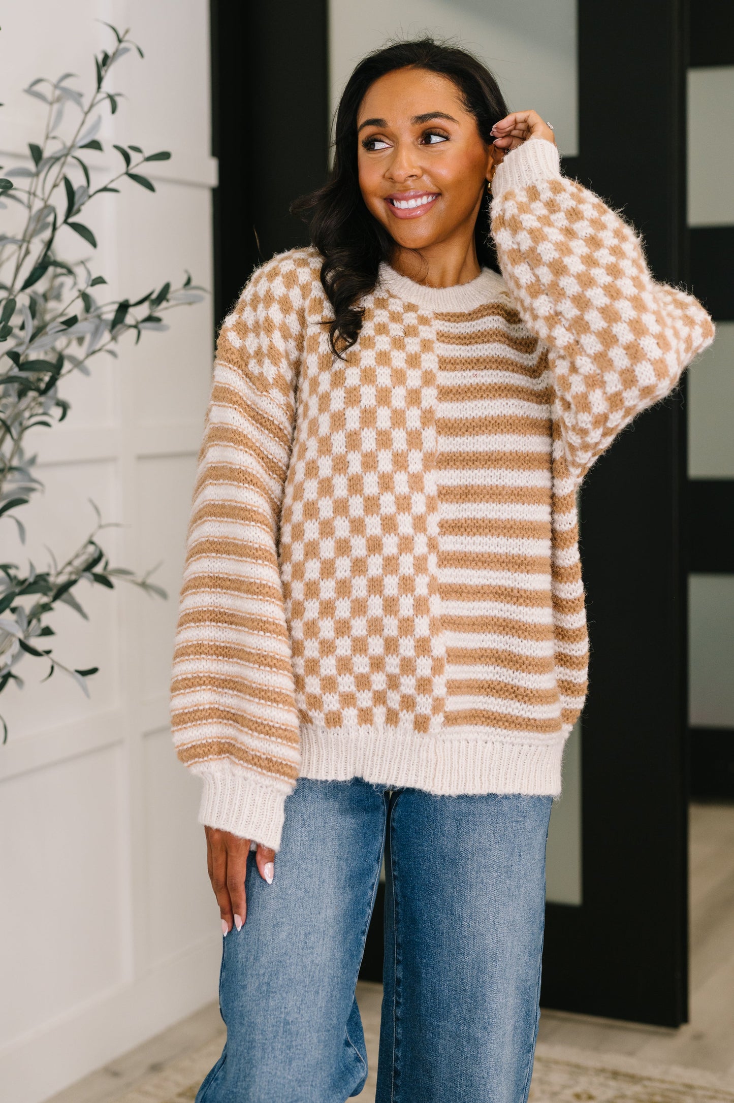 Pattern Play Oversized Pullover in Taupe | Cozy Brushed Sweater Knit