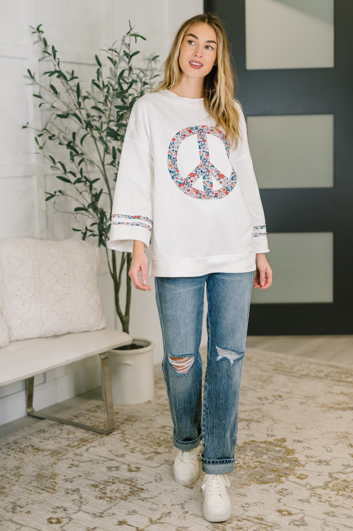 Peace, Love & Flowers French Terry Top – Floral Appliqué Peace Sign Pullove