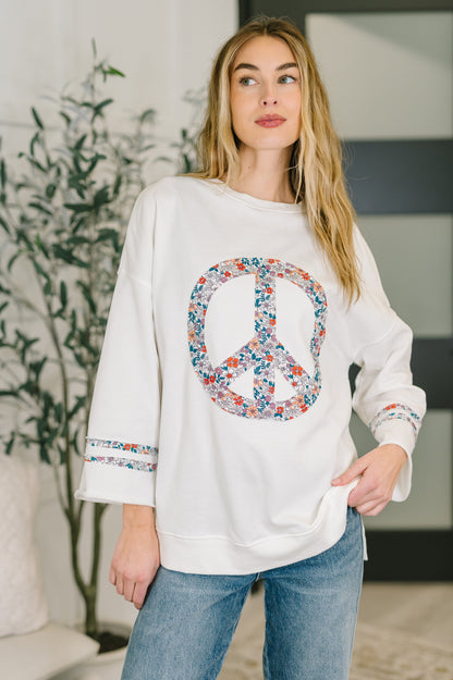 Peace, Love & Flowers French Terry Top – Floral Appliqué Peace Sign Pullove