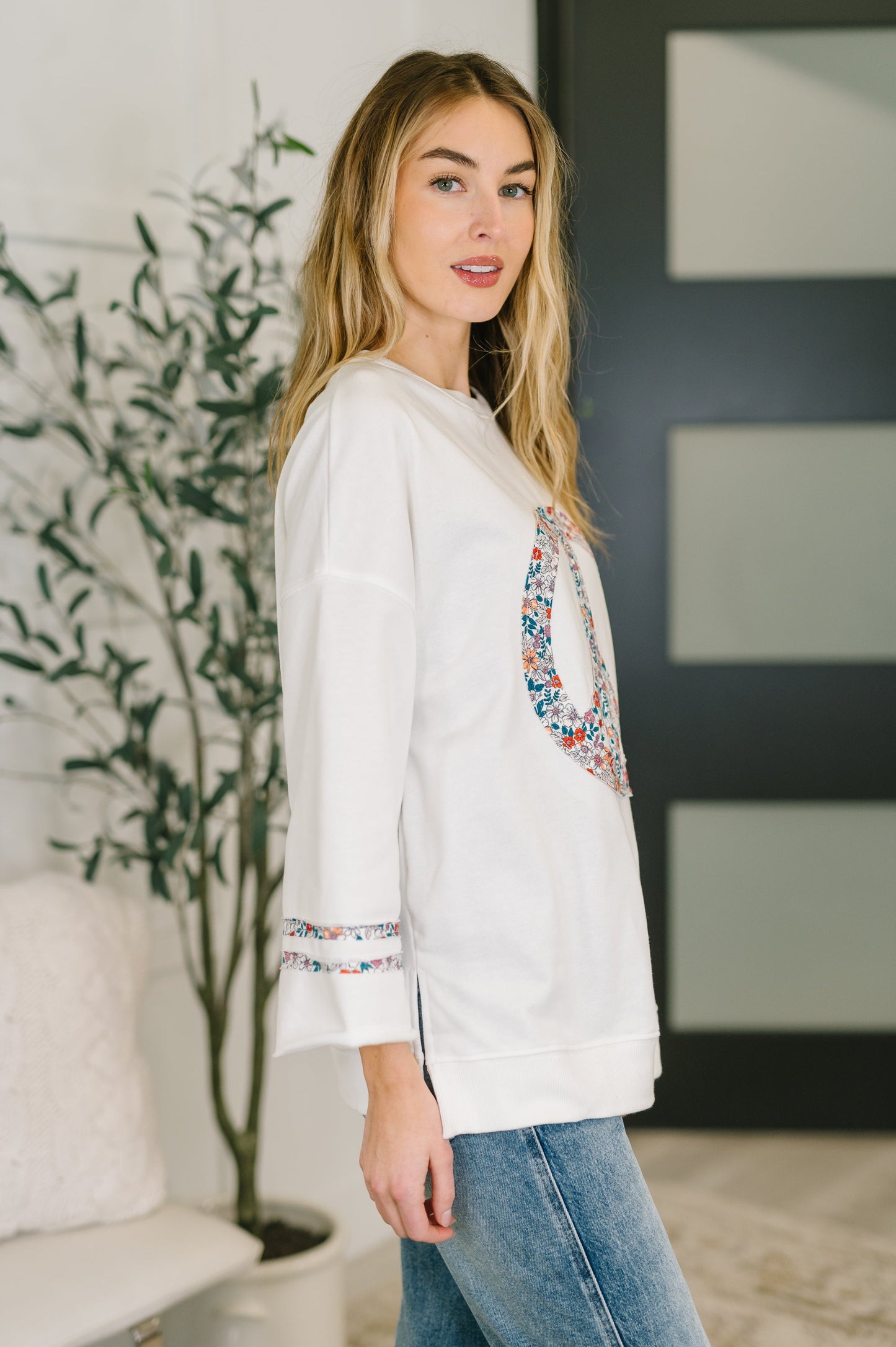 Peace, Love & Flowers French Terry Top – Floral Appliqué Peace Sign Pullove