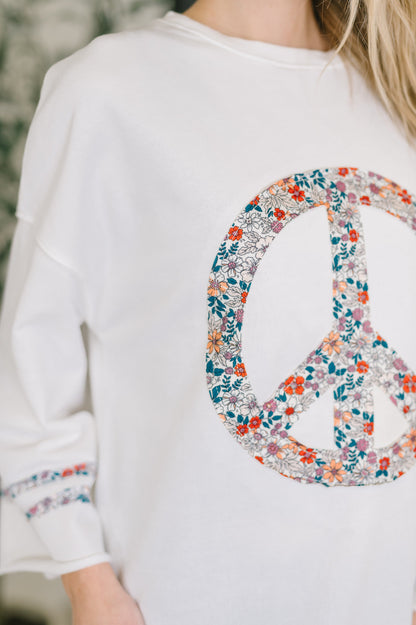 Peace, Love & Flowers French Terry Top – Floral Appliqué Peace Sign Pullove