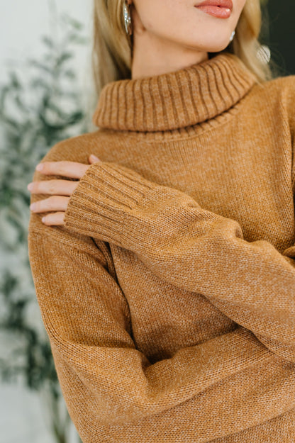 Personal Assistant Turtleneck Dress | Cozy Ribbed Knit Sweater Dress in Deep Camel