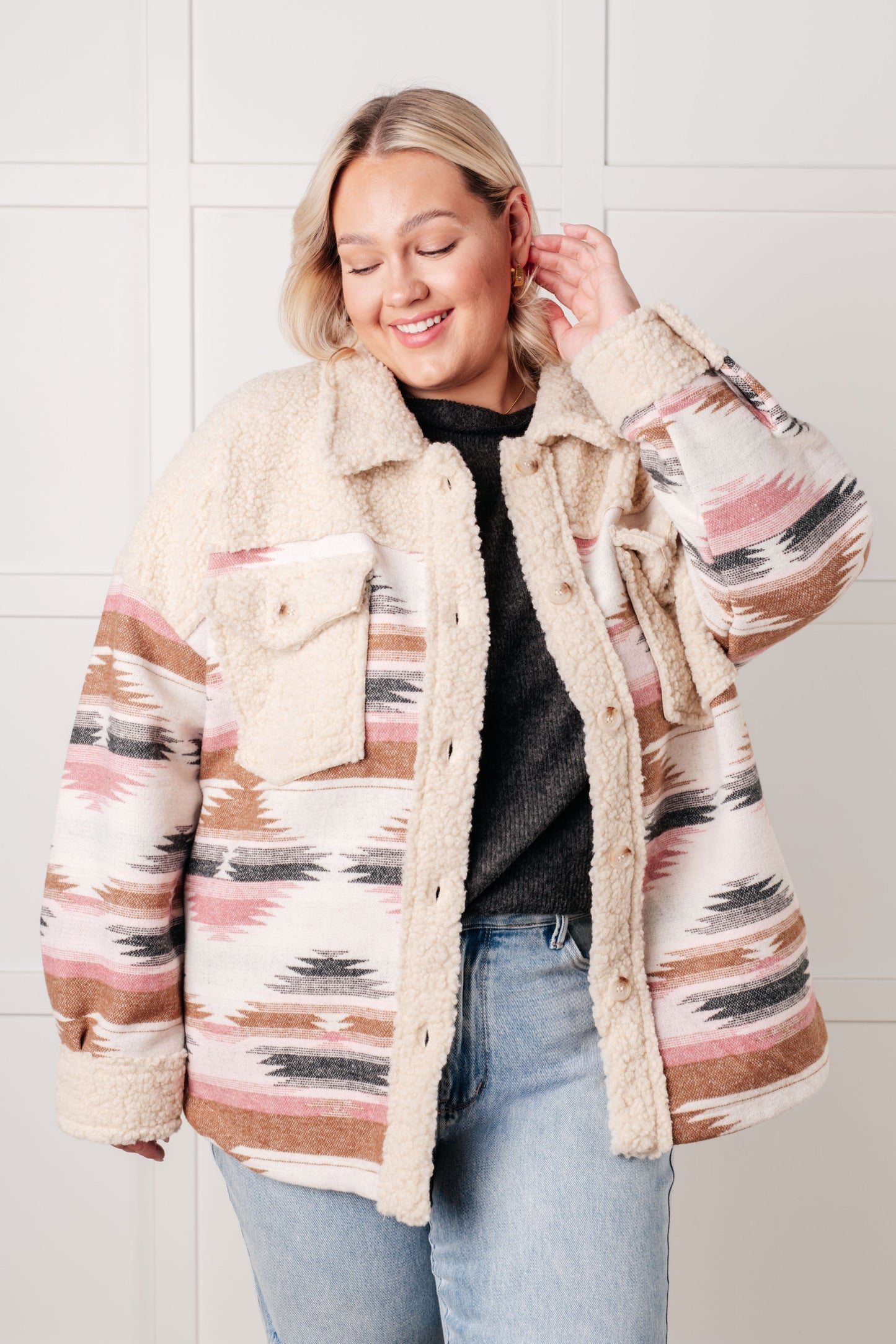 Sedona Sunset Shacket | Aztec Sherpa Fleece Jacket for Women
