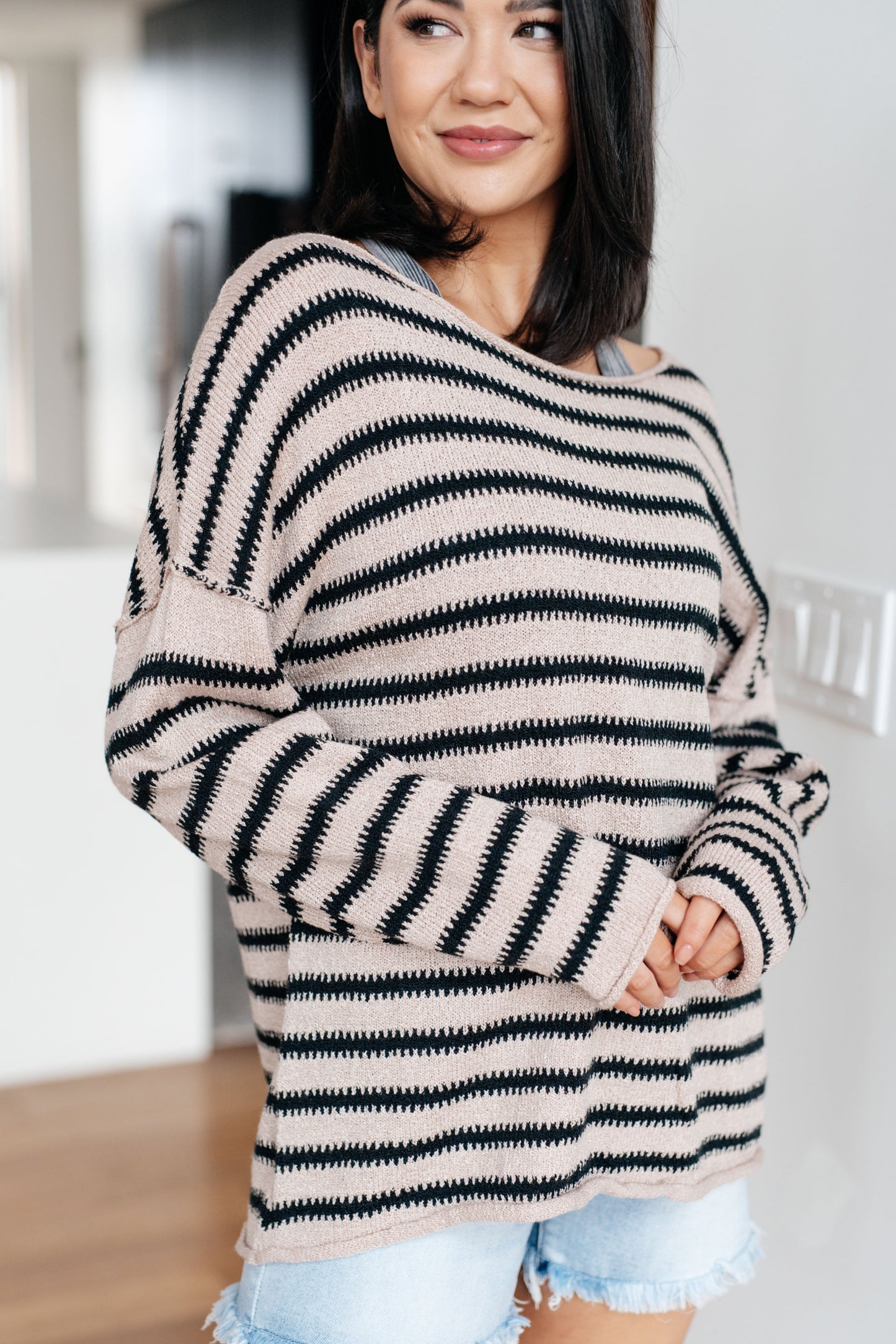 Self Assured Striped Sweater – Boat Neck Drop Shoulder Knit Sweater