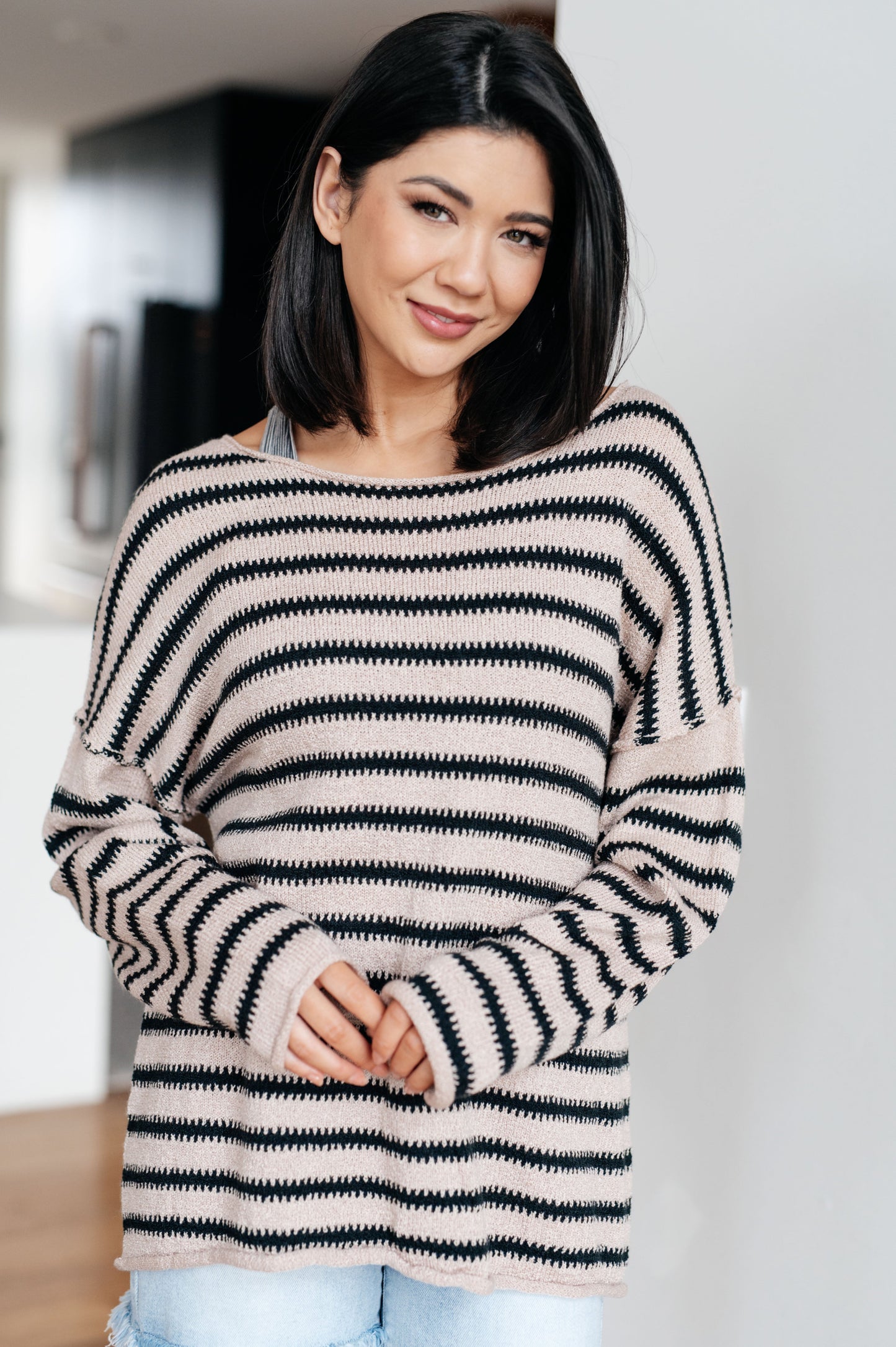 Self Assured Striped Sweater – Boat Neck Drop Shoulder Knit Sweater