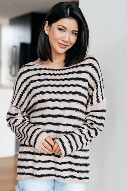 Self Assured Striped Sweater – Boat Neck Drop Shoulder Knit Sweater