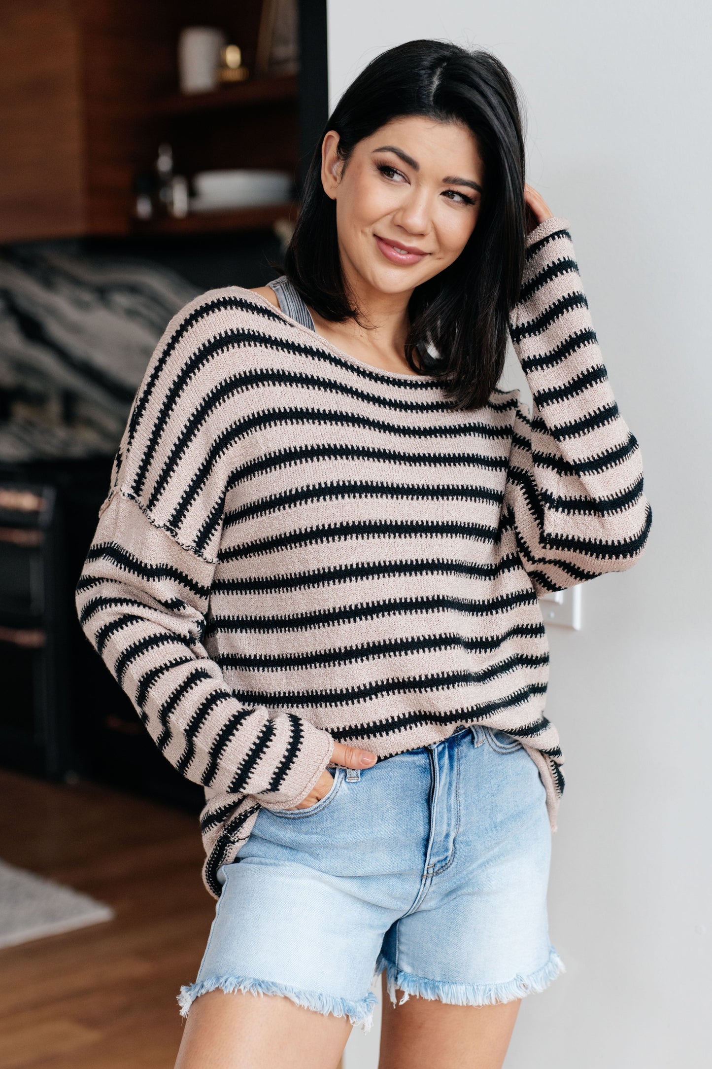Self Assured Striped Sweater – Boat Neck Drop Shoulder Knit Sweater
