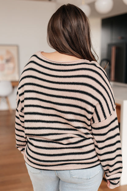 Self Assured Striped Sweater – Boat Neck Drop Shoulder Knit Sweater