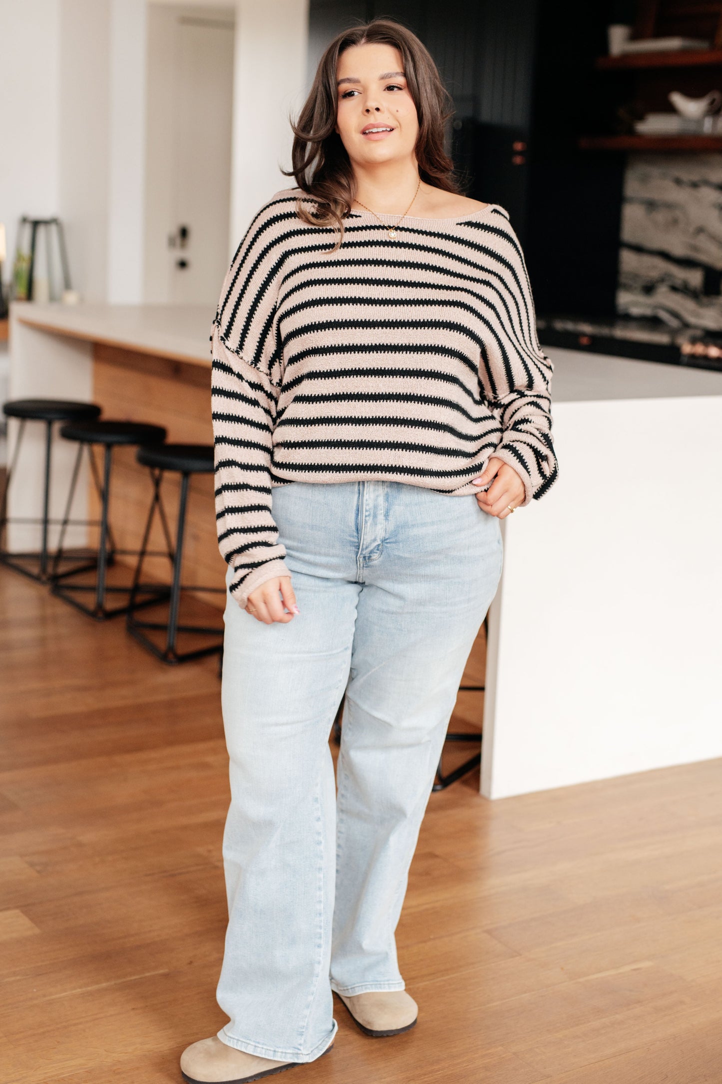 Self Assured Striped Sweater – Boat Neck Drop Shoulder Knit Sweater