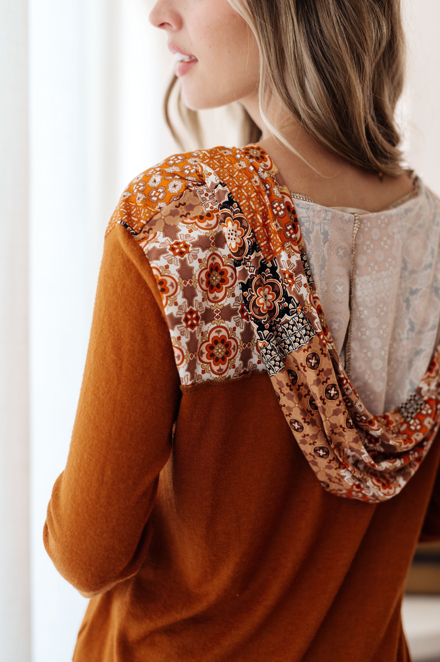 Sipping Iced Tea Mixed Print Hoodie – V-Neck Brushed Knit with Exposed Seams