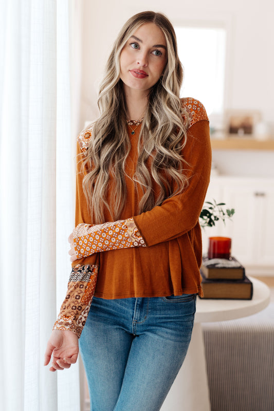 Sipping Iced Tea Mixed Print Hoodie – V-Neck Brushed Knit with Exposed Seams