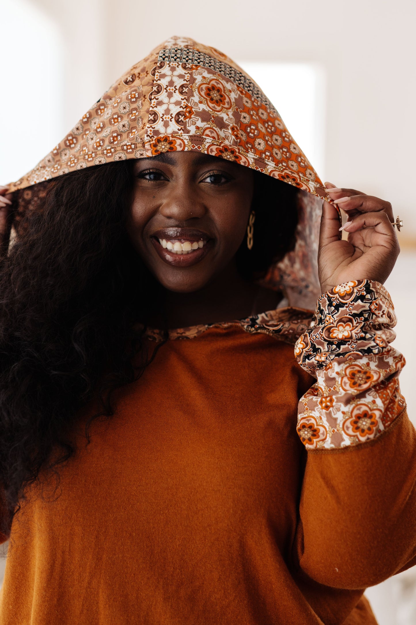 Sipping Iced Tea Mixed Print Hoodie – V-Neck Brushed Knit with Exposed Seams