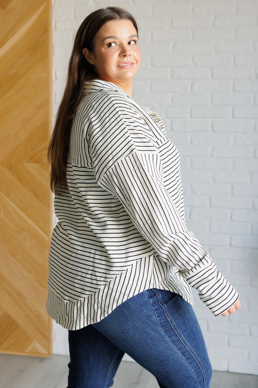 Striped Serendipity Collared Pullover – Grommet Detail French Terry Sweater