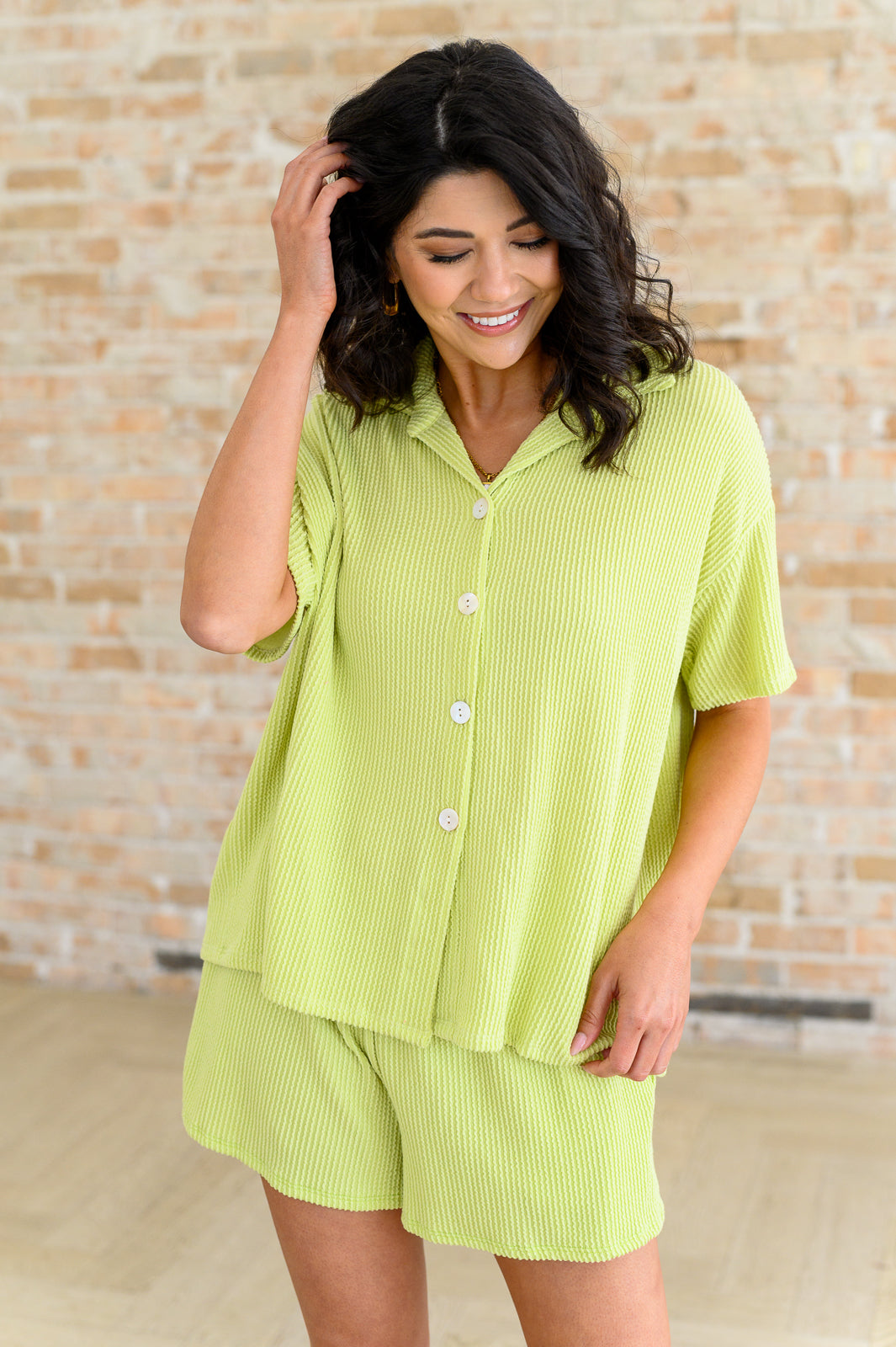 Two's Company Ribbed Button Down Short Sleeve Shirt