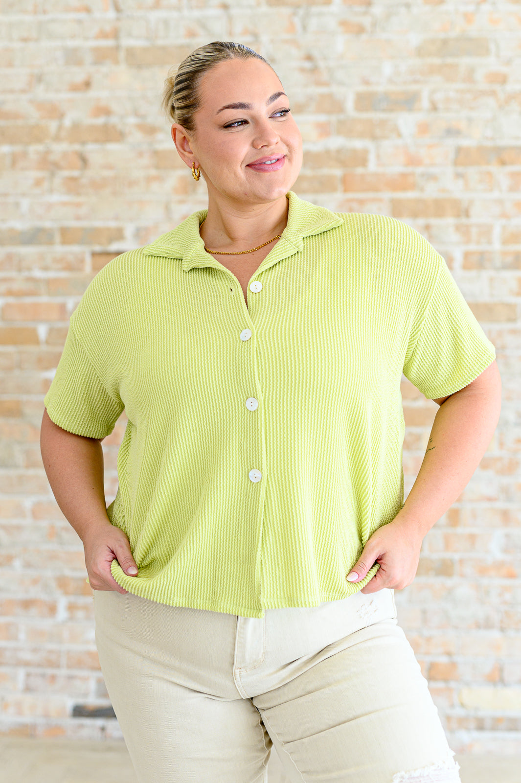 Two's Company Ribbed Button Down Short Sleeve Shirt
