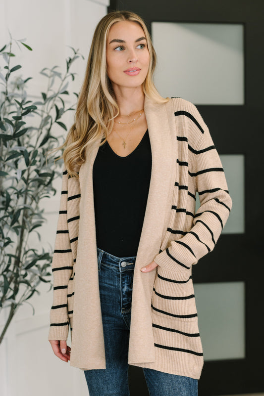 Under Wraps Striped Cardigan – Cozy Open Front Shawl Neck Sweater with Pockets | Women’s Boutique Layer