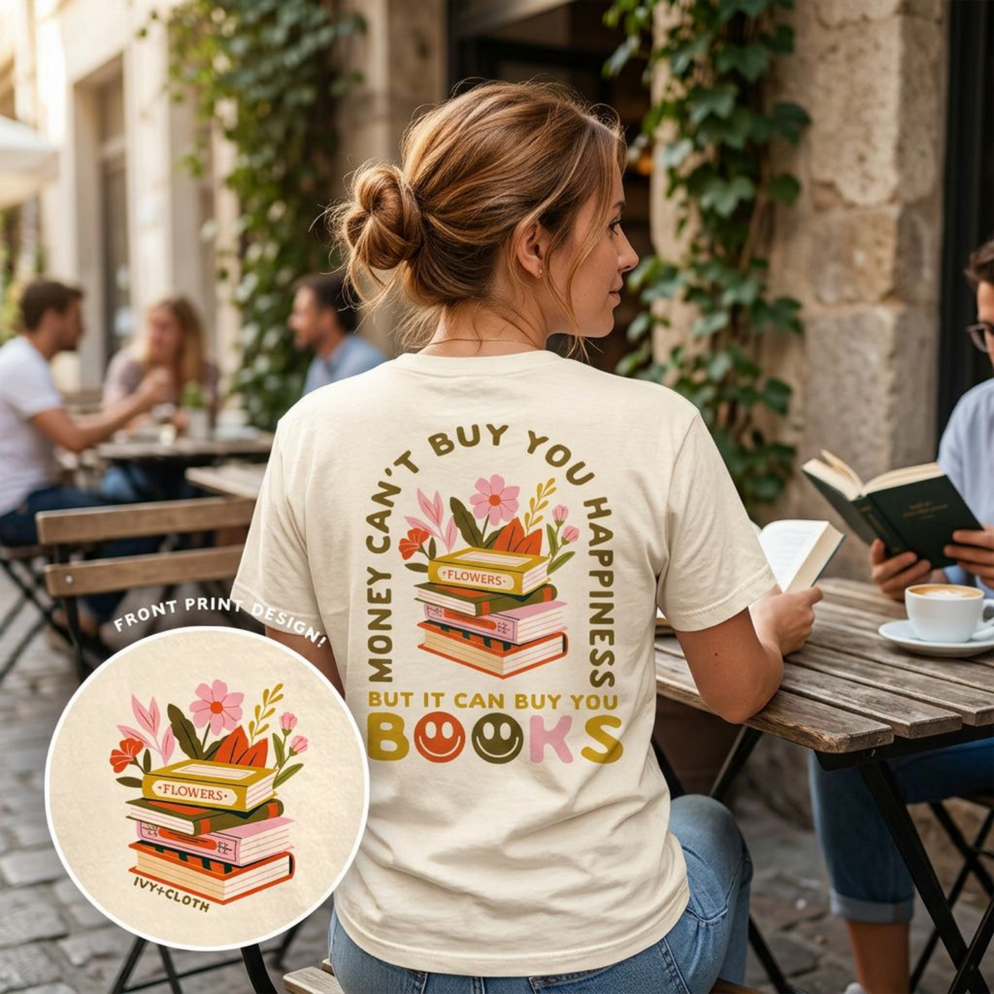 Retro Book Stack T-Shirt - Cozy Pastel Bookish Graphic Tee (Back Print)