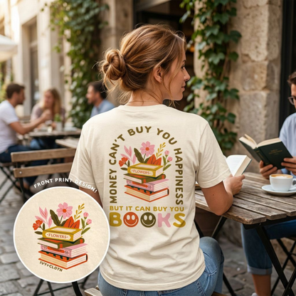 Retro Book Stack T-Shirt - Cozy Pastel Bookish Graphic Tee (Back Print)