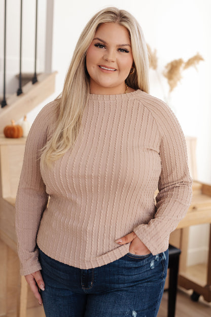 Winding Down Cable Detail Top – Textured Knit Raglan Sleeve Pullover
