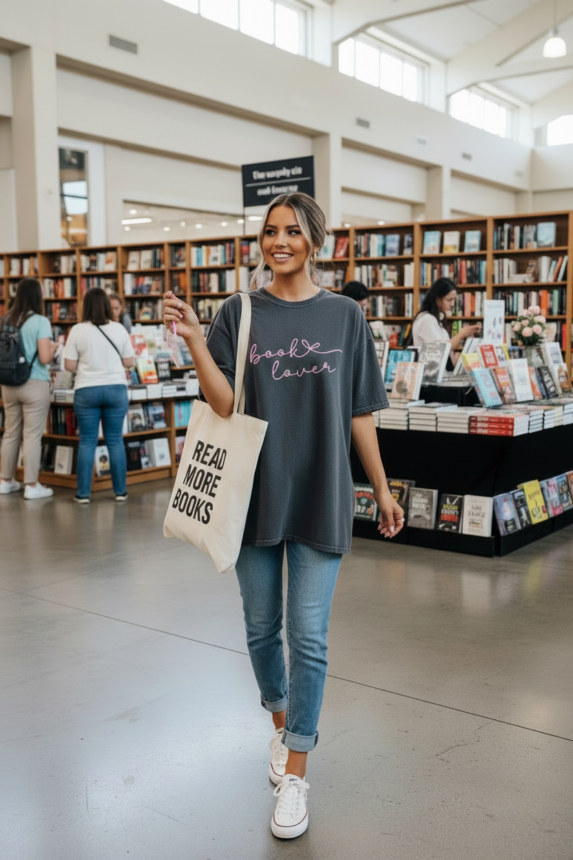Book Lover T-Shirt, Comfort Colors Pepper Cursive Script Tee
