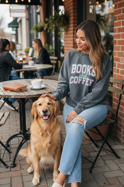 Books & Coffee Crewneck Sweatshirt Retro Varsity Bookish Pullover