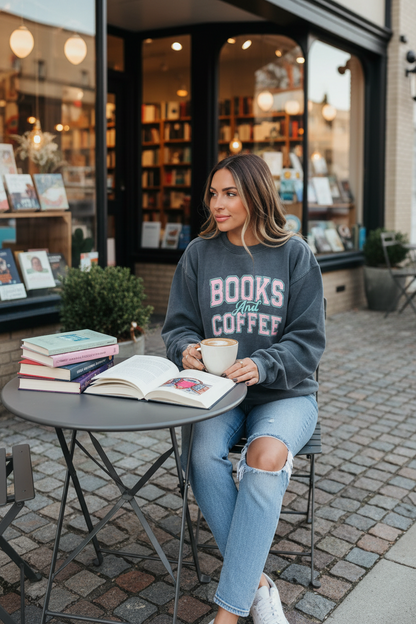 Books & Coffee Crewneck Sweatshirt Retro Varsity Bookish Pullover