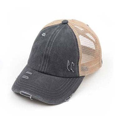 Authentic C.C® Criss-Cross Ponytail Cap - Distressed Mesh Mesh Back Hat