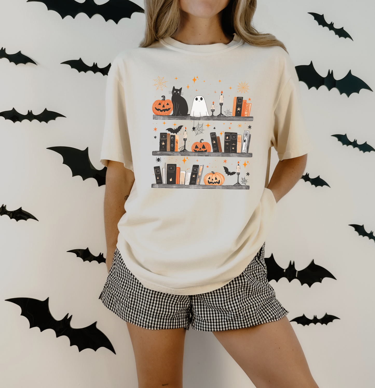 Spooky Bookish Halloween Bookshelf T-Shirt, Comfort Colors Ivory Tee