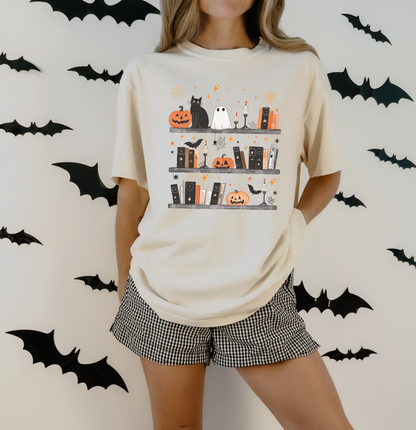Spooky Bookish Halloween Bookshelf T-Shirt, Comfort Colors Ivory Tee