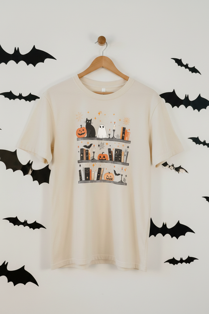 Spooky Bookish Halloween Bookshelf T-Shirt, Comfort Colors Ivory Tee