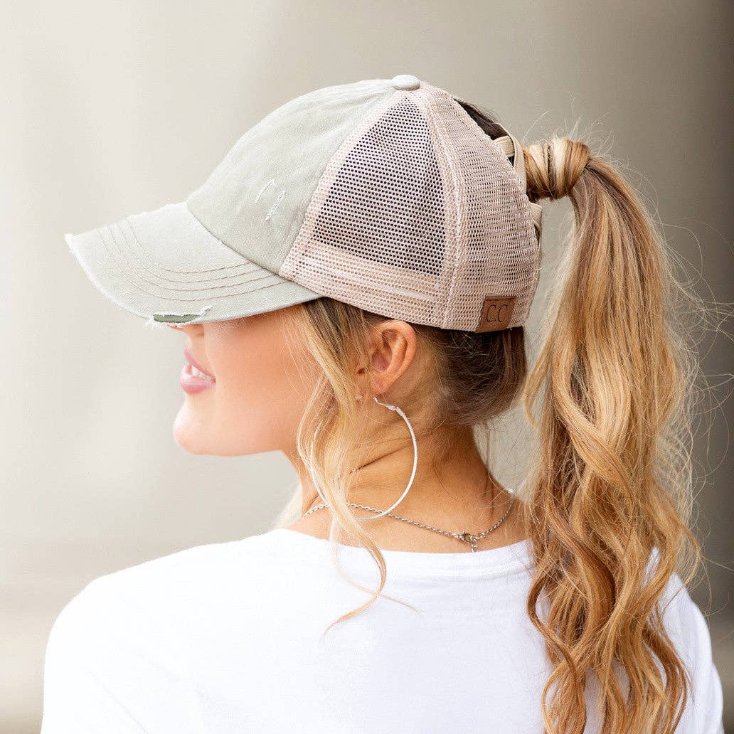 Authentic C.C® Criss-Cross Ponytail Cap - Distressed Mesh Mesh Back Hat