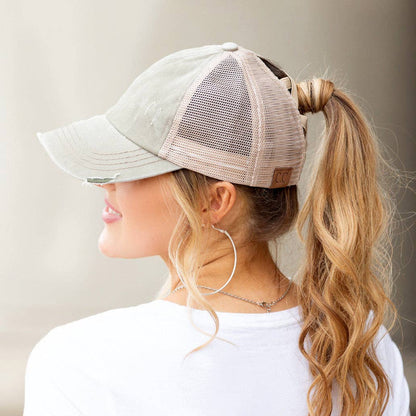 Authentic C.C® Criss-Cross Ponytail Cap - Distressed Mesh Mesh Back Hat