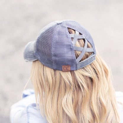 Authentic C.C® Criss-Cross Ponytail Cap - Distressed Mesh Mesh Back Hat