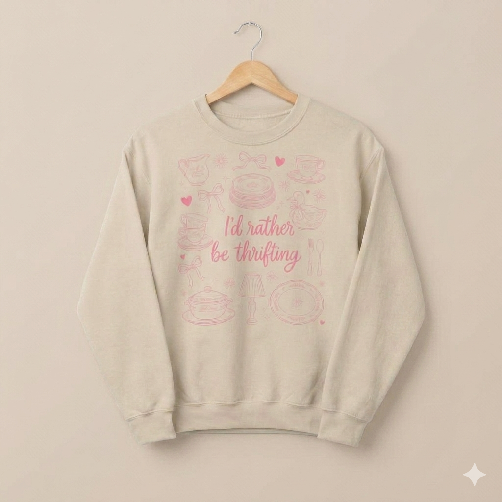 Soft Girl Thrifting Graphic Tee - Pink Bow Cottagecore Antique Lover Pullover