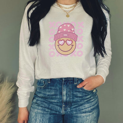 Happy Hearts Smile Face Long Sleeved Crewneck Valentine T-Shirt