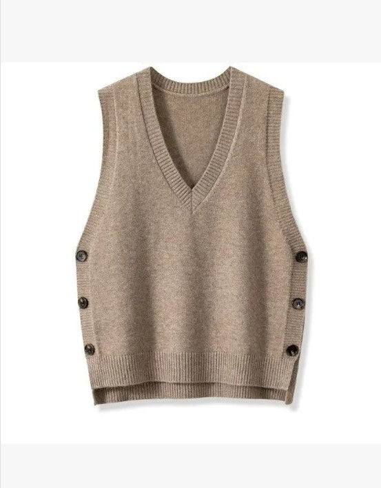 Women’s V-Neck Knit Vest – Sleeveless Tank with Side Buttons & Asymmetrical Hem | Boutique Layering Top