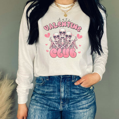 Anti Valentines Club Skeleton Heart Break Crewneck Long Sleeve T-Shirt,