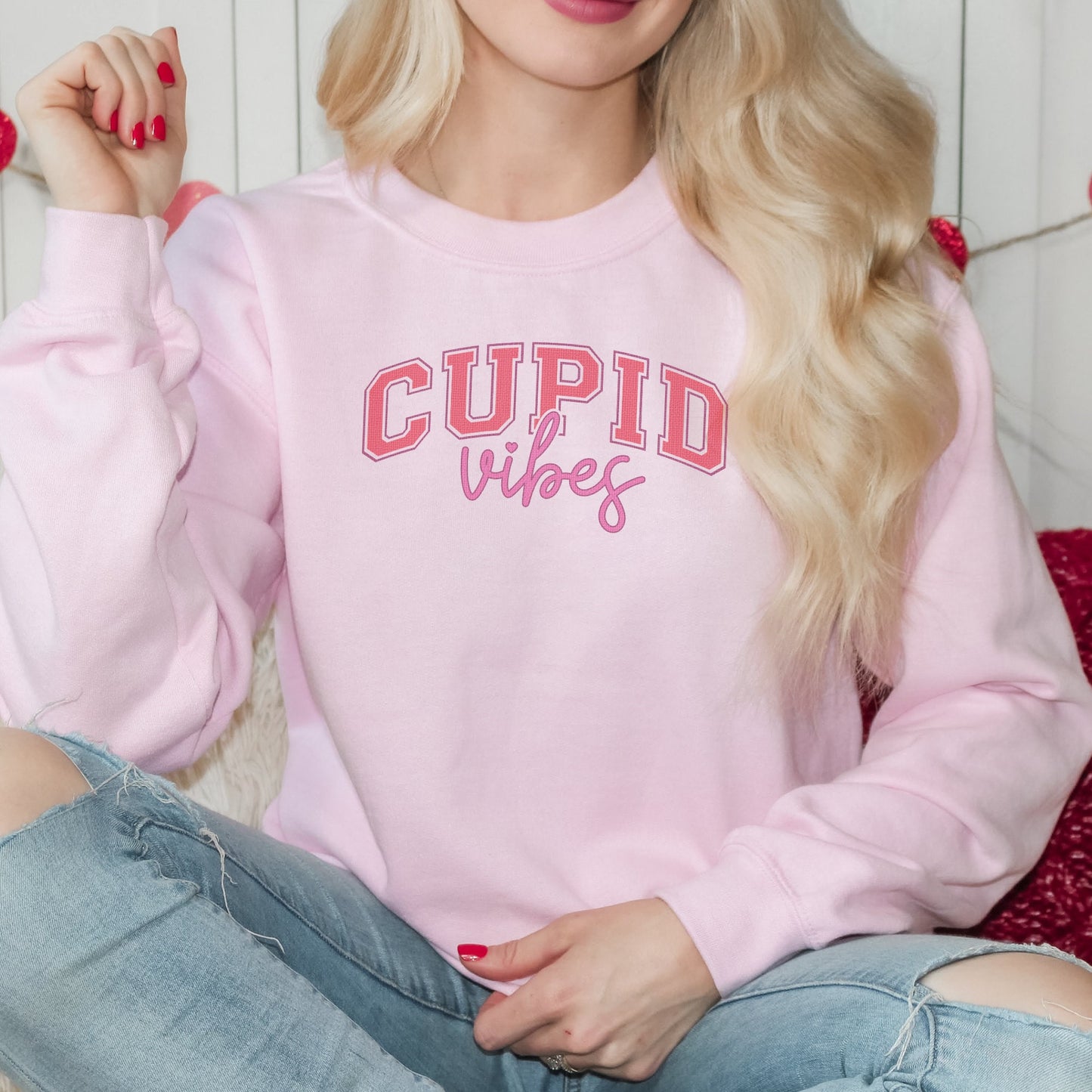 Cupid Vibes Collegiate Long Sleeve Crewneck Valentines Day Shirt
